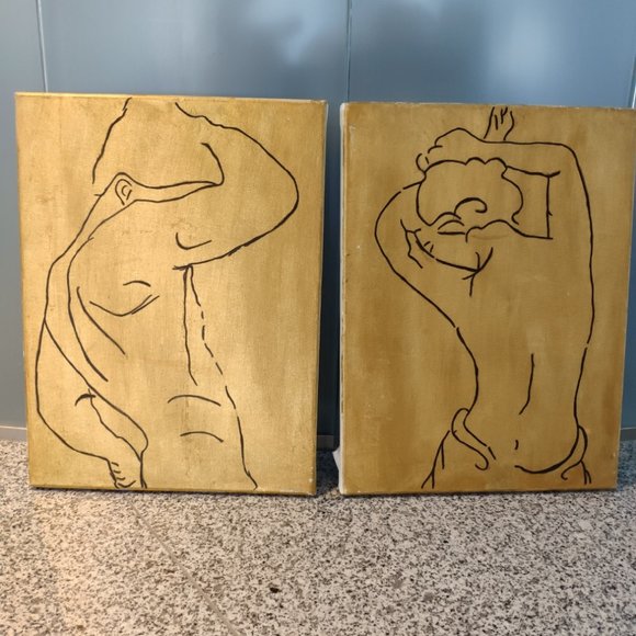 Pair of Gold Line Art Nude Backs Male and Female - Picture 1 of 14